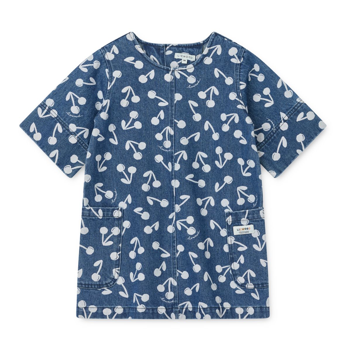 Medium Blue Cherry Blossom Print Cotton Denim Shift Dress with 3/4 Wide Sleeves & Patch Pockets for Girls Everyday & Occasion Wear