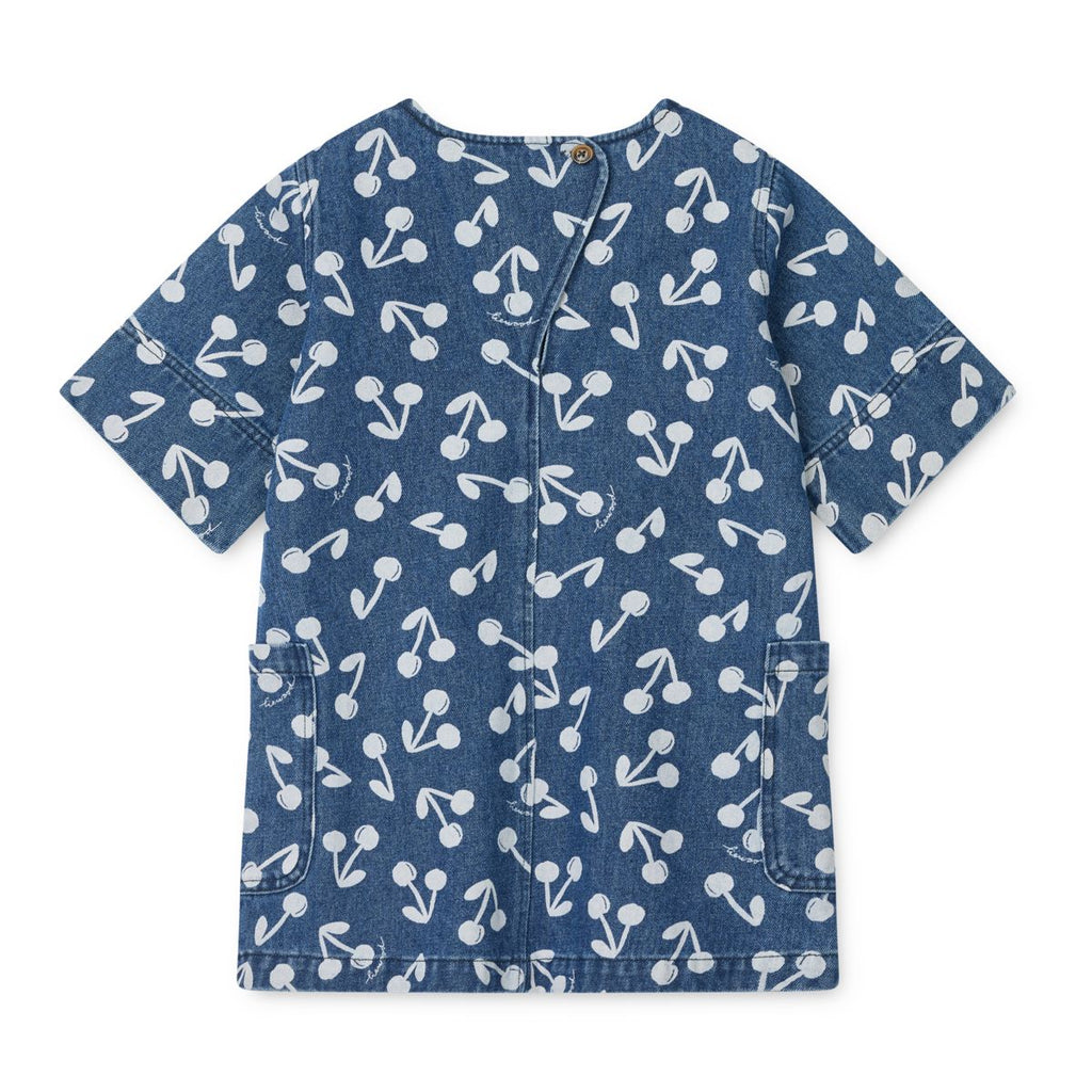 Medium Blue Cherry Blossom Print Cotton Denim Shift Dress with 3/4 Wide Sleeves & Patch Pockets for Girls Everyday & Occasion Wear
