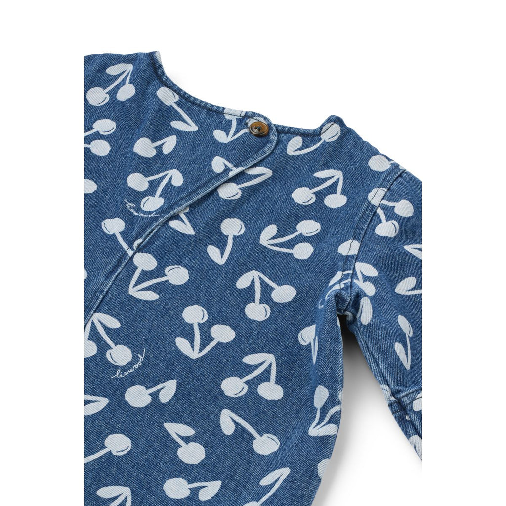 Medium Blue Cherry Blossom Print Cotton Denim Shift Dress with 3/4 Wide Sleeves & Patch Pockets for Girls Everyday & Occasion Wear