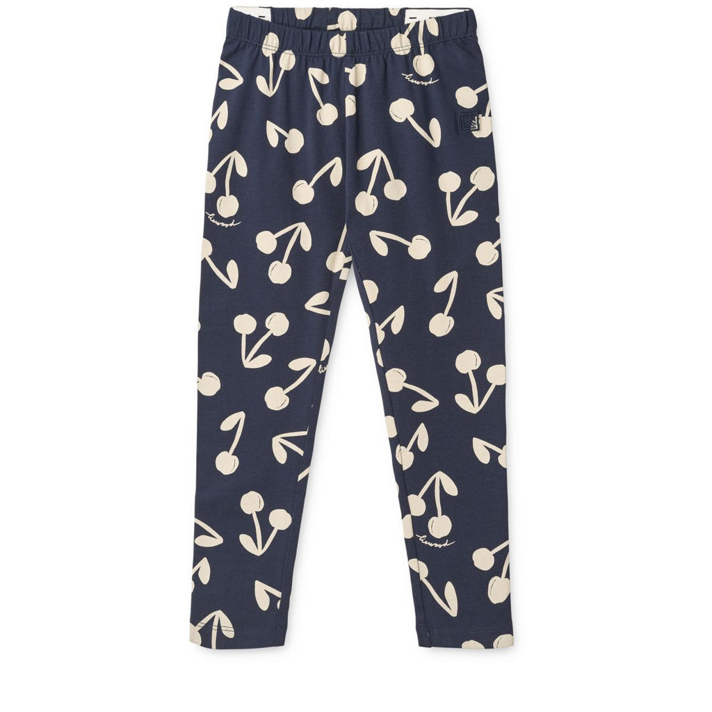 Navy Cherry Blossom Print Organic Cotton Jersey Leggings with Elasticated Waist for Kids All-Year Everyday Wear