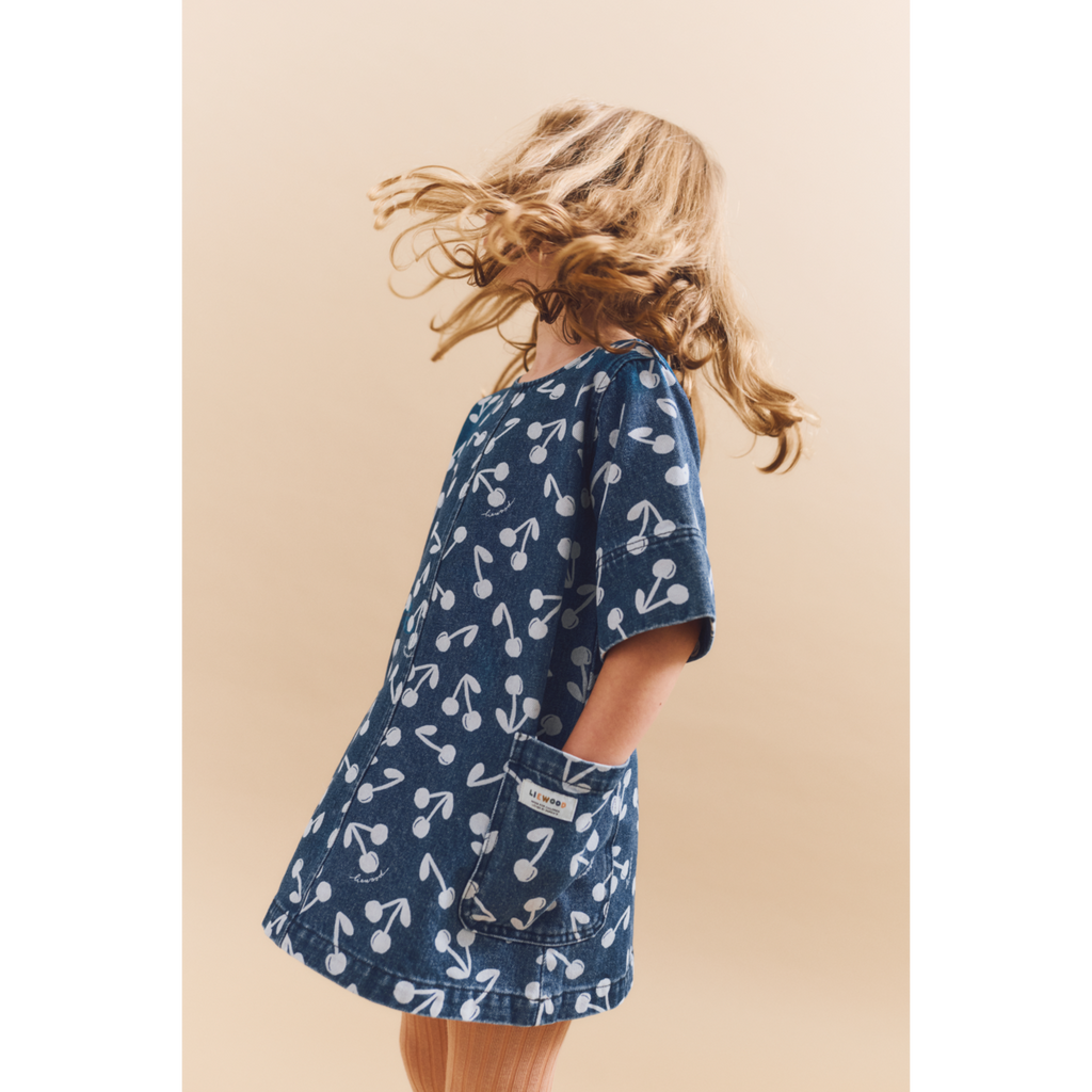Medium Blue Cherry Blossom Print Cotton Denim Shift Dress with 3/4 Wide Sleeves & Patch Pockets for Girls Everyday & Occasion Wear