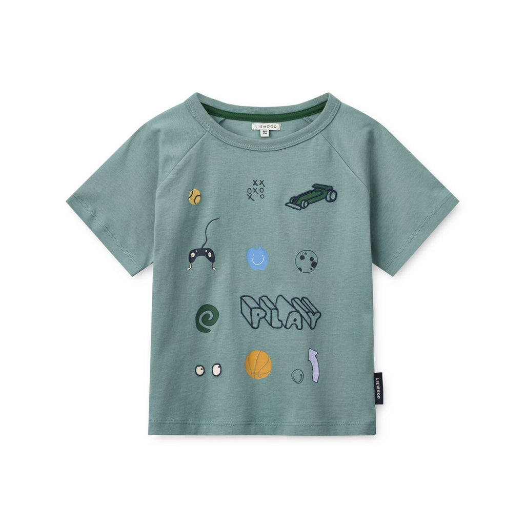 Dusty Peppermint Play Print Organic Cotton T-Shirt with Raglan Sleeves & Embroidery for Kids School & Play