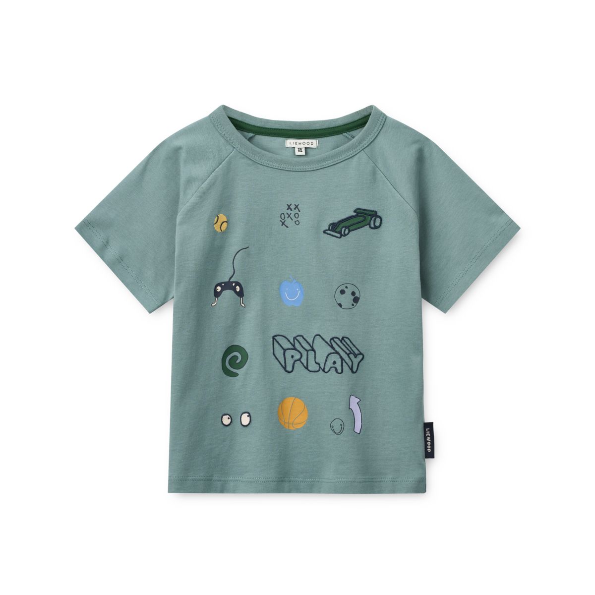 Dusty Peppermint Play Print Organic Cotton T-Shirt with Raglan Sleeves & Embroidery for Kids School & Play