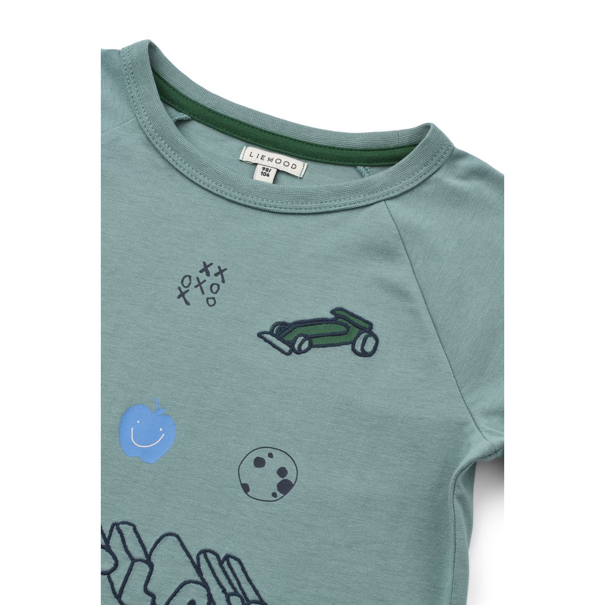 Dusty Peppermint Play Print Organic Cotton T-Shirt with Raglan Sleeves & Embroidery for Kids School & Play