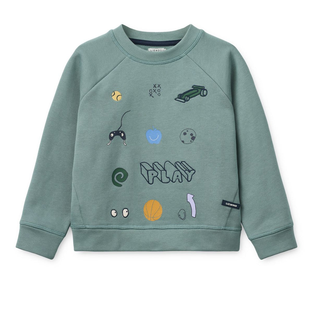 Dusty Peppermint Play Print Organic Cotton Sweatshirt with Relaxed Fit & Straight Hem for Kids Indoor & Outdoor Wear