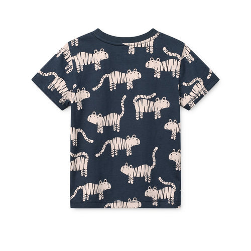 Classic Navy Tiger Print Organic Cotton T-Shirt with Boxy Fit & Dropped Shoulders for Kids Layering & Everyday Wear