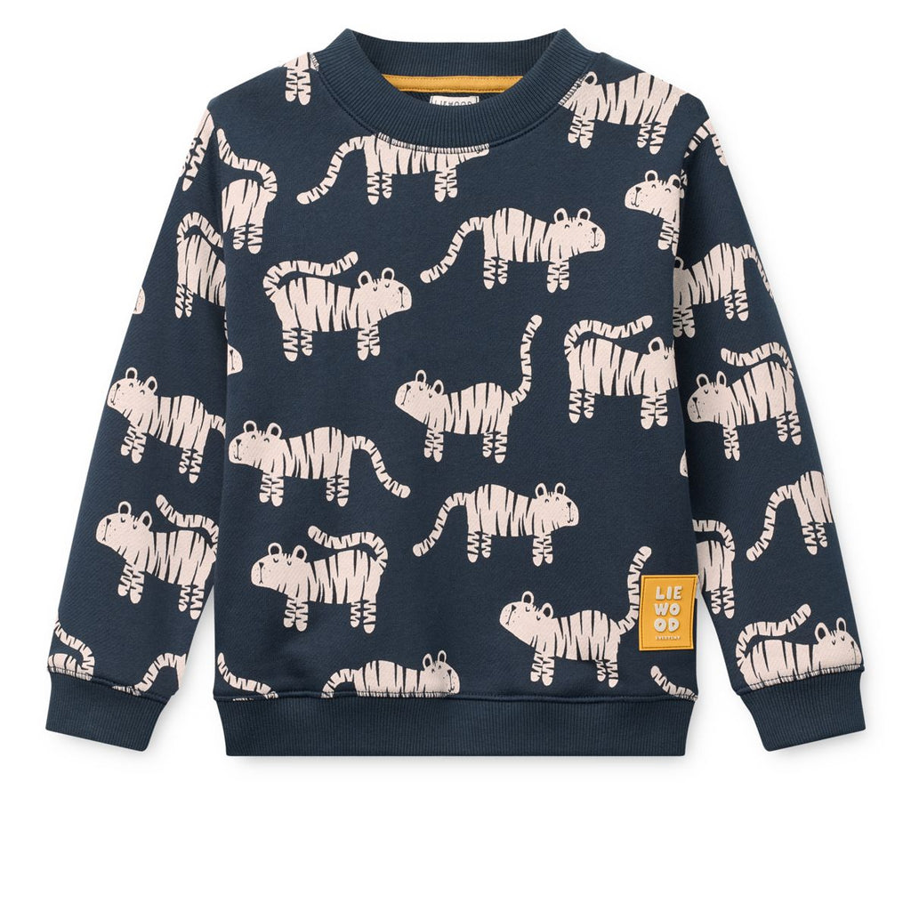 Classic Navy Tiger Print Organic Cotton Sweatshirt with Boxy Fit & Dropped Shoulders for Kids School & Weekend