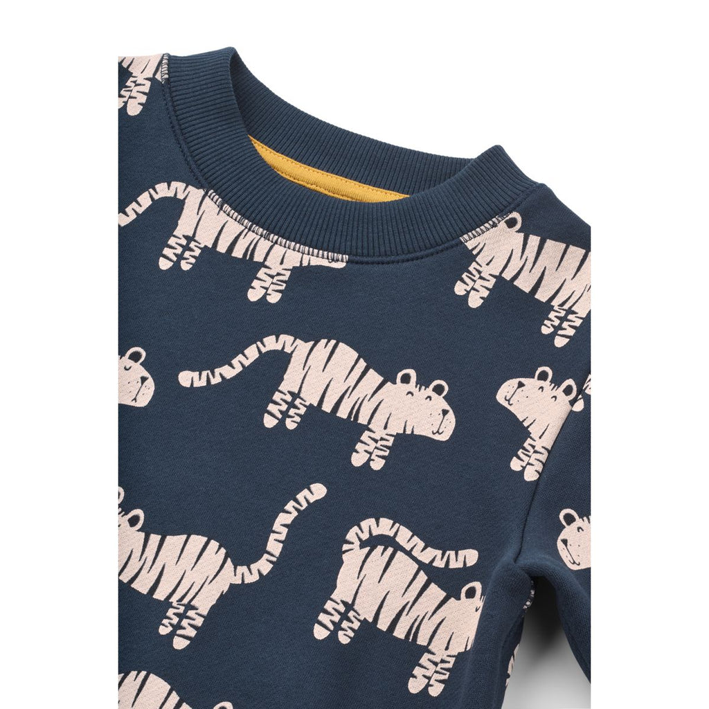 Classic Navy Tiger Print Organic Cotton Sweatshirt with Boxy Fit & Dropped Shoulders for Kids School & Weekend