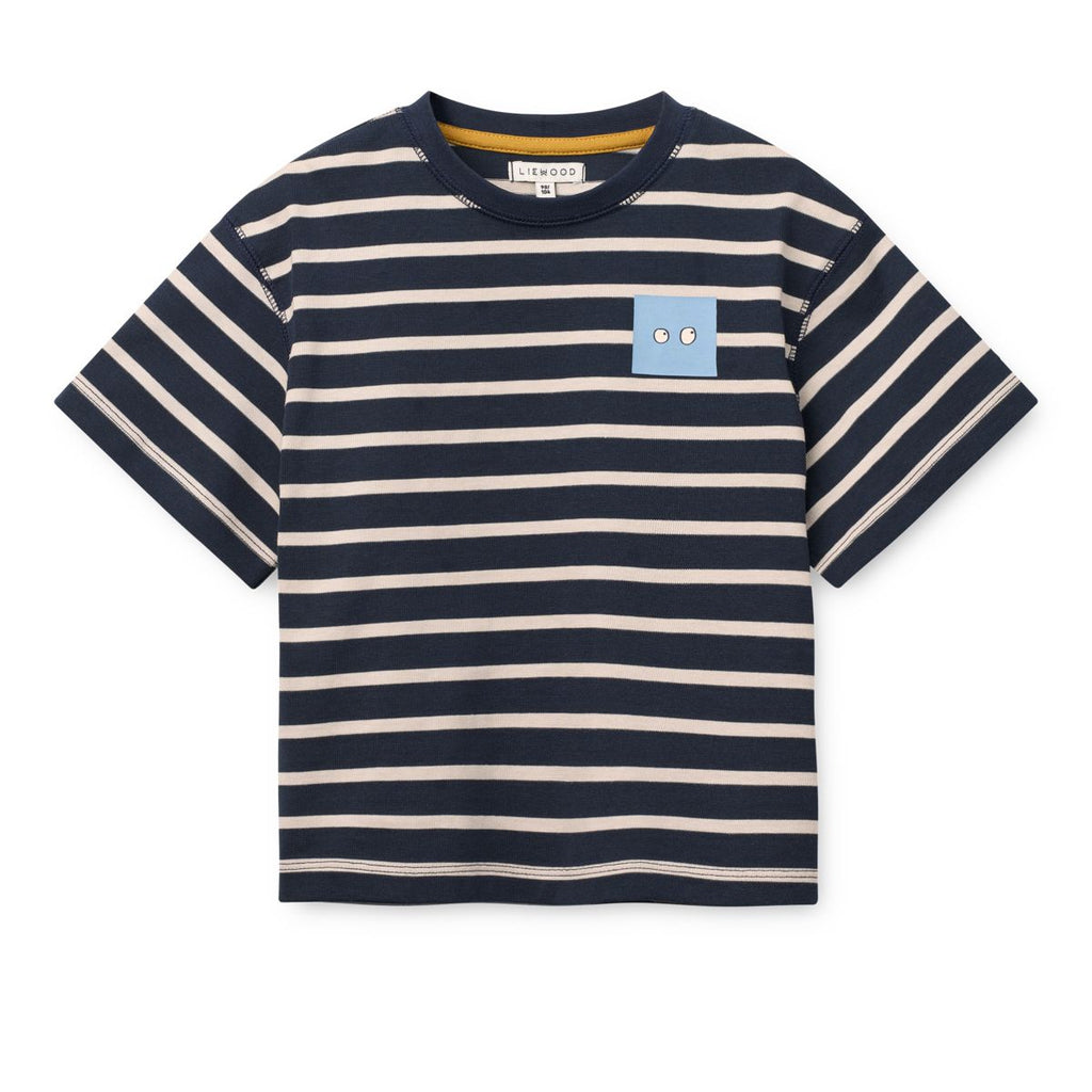 Navy & Sandy Breton Stripe Organic Cotton T-Shirt with Boxy Fit & Dropped Shoulders for Kids Layering & Everyday Wear