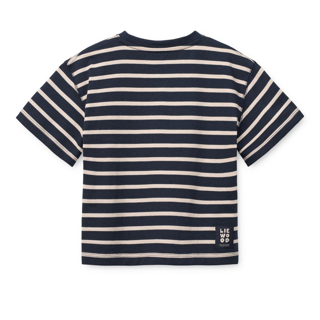 Navy & Sandy Breton Stripe Organic Cotton T-Shirt with Boxy Fit & Dropped Shoulders for Kids Layering & Everyday Wear