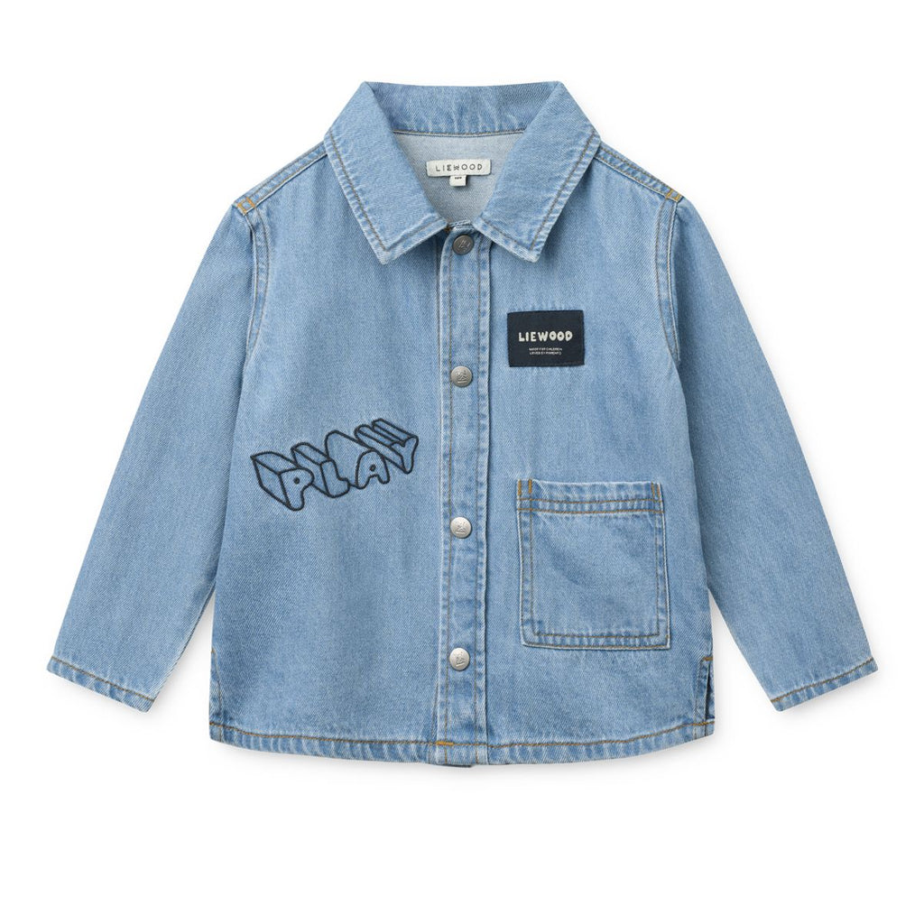 Casual Play Print Cotton Denim Shirt with Embroidery & Press Buttons for Kids Layering & Everyday Wear
