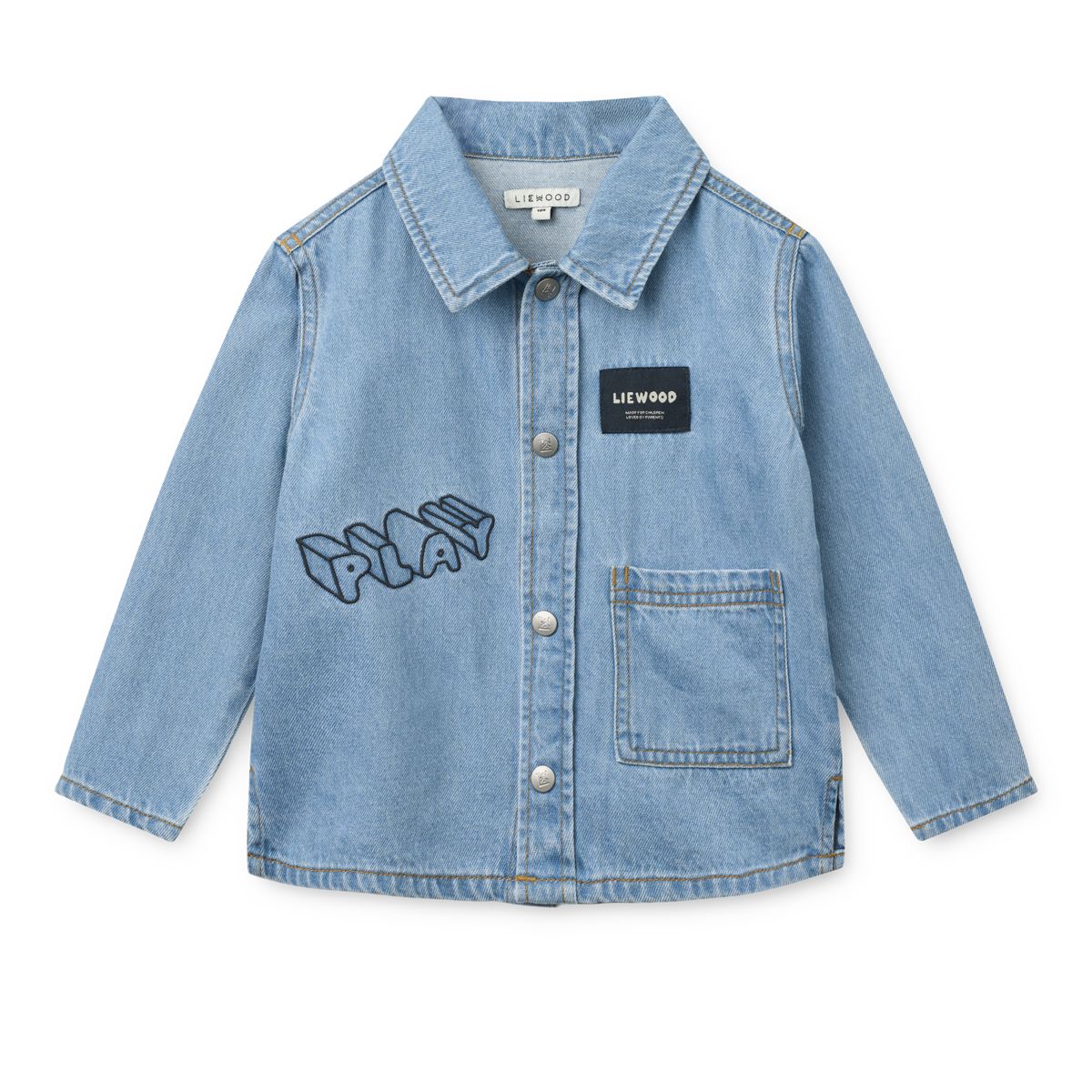 Casual Play Print Cotton Denim Shirt with Embroidery & Press Buttons for Kids Layering & Everyday Wear