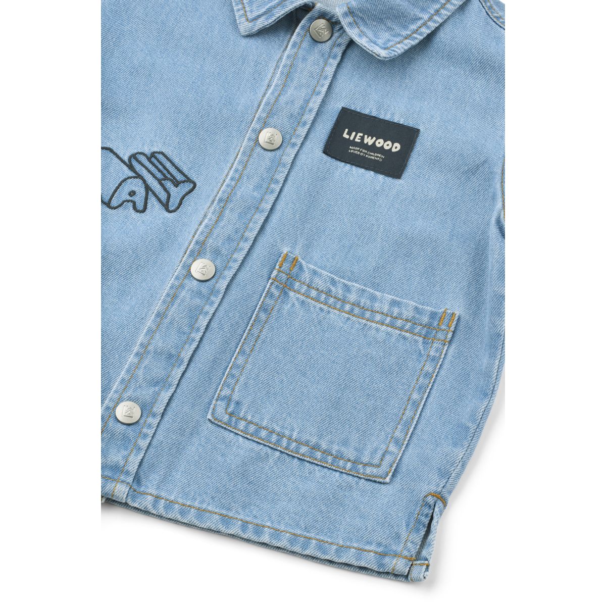 Casual Play Print Cotton Denim Shirt with Embroidery & Press Buttons for Kids Layering & Everyday Wear