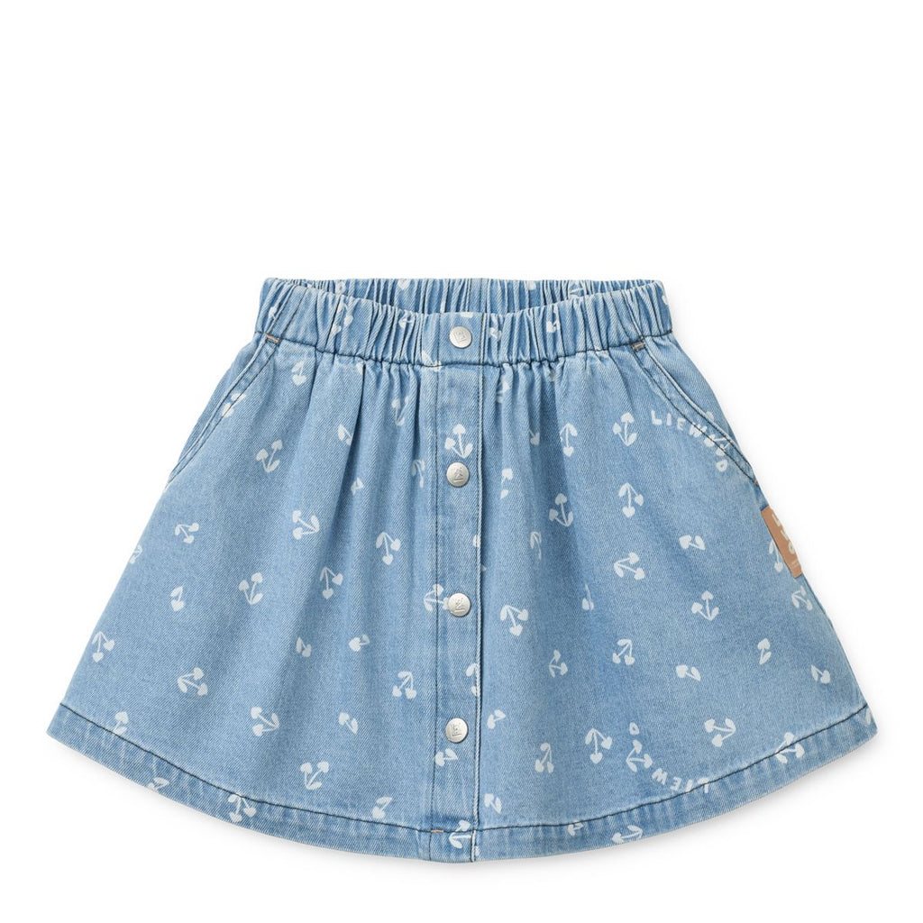 Heart Print Cotton Denim A-Line Skirt with Elasticated Waist & Side Pockets for Girls Everyday & Transseasonal Wear