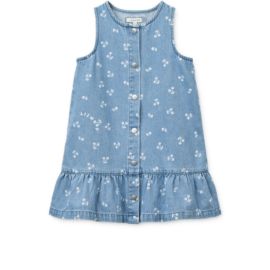 Sandy Cherry Heart Print Cotton Denim Sleeveless Dress with Gathered Frill Hem for Girls Summer & Festive Occasions