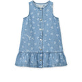 Sandy Cherry Heart Print Cotton Denim Sleeveless Dress with Gathered Frill Hem for Girls Summer & Festive Occasions