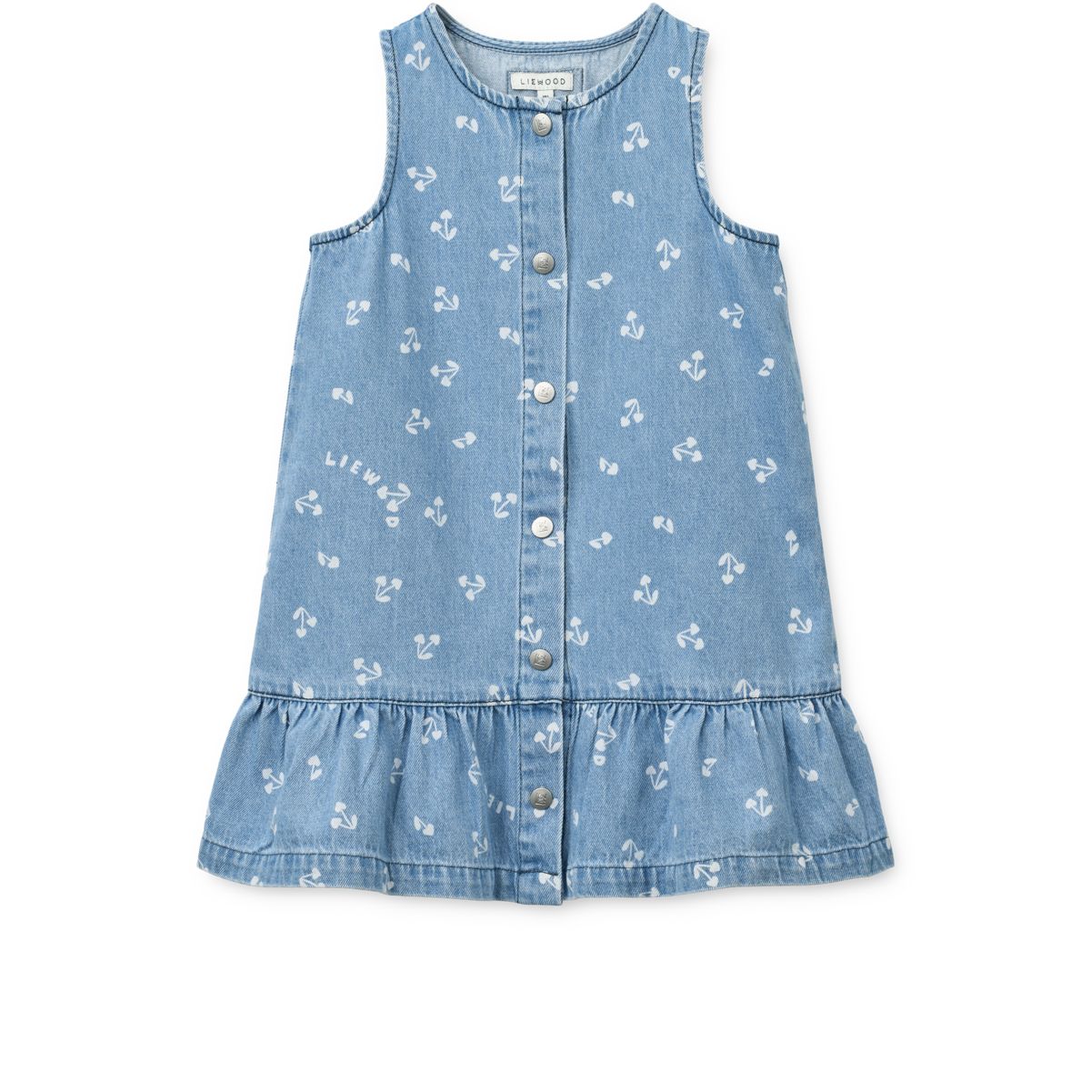 Sandy Cherry Heart Print Cotton Denim Sleeveless Dress with Gathered Frill Hem for Girls Summer & Festive Occasions