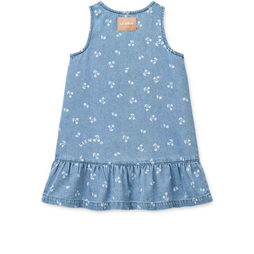 Sandy Cherry Heart Print Cotton Denim Sleeveless Dress with Gathered Frill Hem for Girls Summer & Festive Occasions
