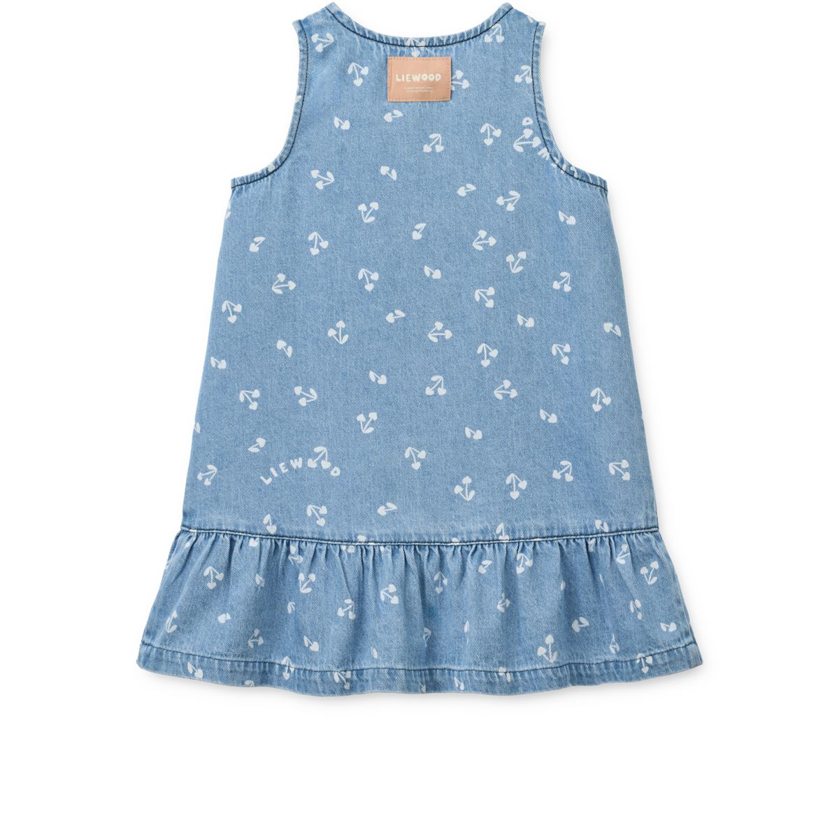 Sandy Cherry Heart Print Cotton Denim Sleeveless Dress with Gathered Frill Hem for Girls Summer & Festive Occasions