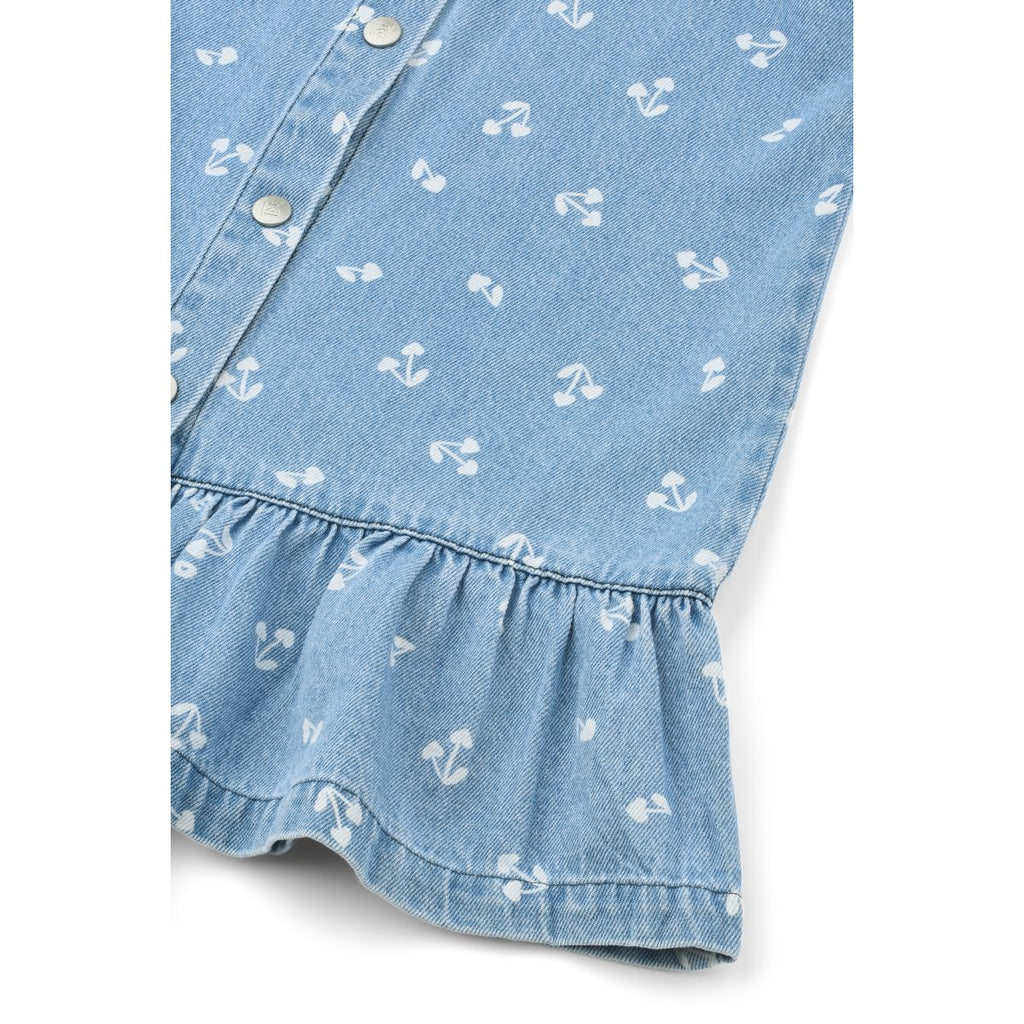 Sandy Cherry Heart Print Cotton Denim Sleeveless Dress with Gathered Frill Hem for Girls Summer & Festive Occasions