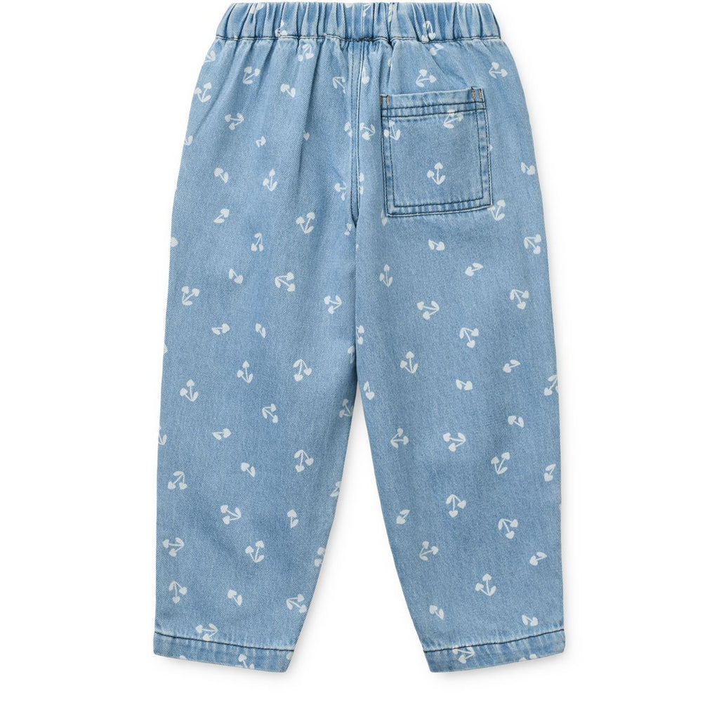 Relaxed Cherry Heart Print Cotton Denim Pants with Pleated Front & Adjustable Elastic Waist for Kids School & Play