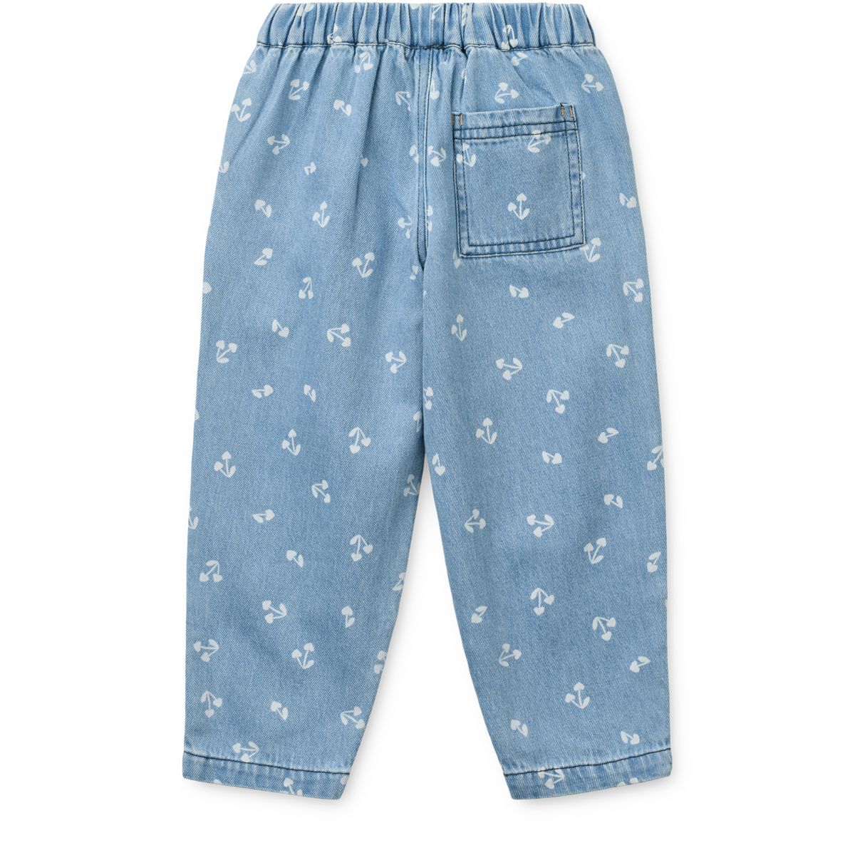 Relaxed Cherry Heart Print Cotton Denim Pants with Pleated Front & Adjustable Elastic Waist for Kids School & Play
