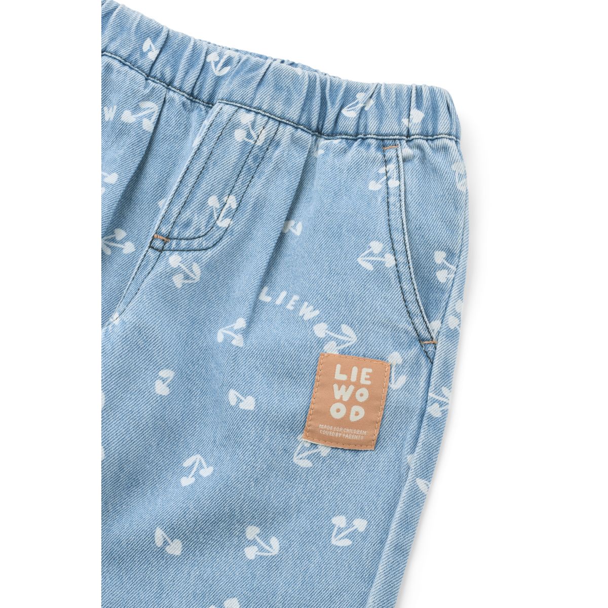 Relaxed Cherry Heart Print Cotton Denim Pants with Pleated Front & Adjustable Elastic Waist for Kids School & Play