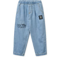 Relaxed Graphic Print Cotton Denim Pants with Curved Legs & Adjustable Elastic Waist for Kids School & Play