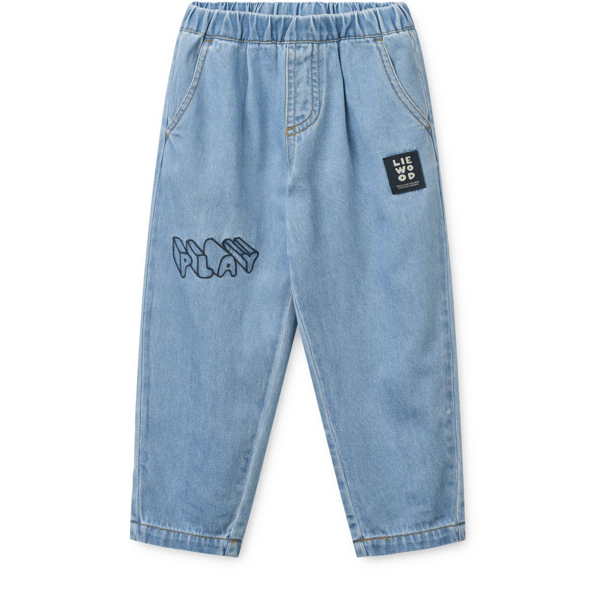 Relaxed Graphic Print Cotton Denim Pants with Curved Legs & Adjustable Elastic Waist for Kids School & Play