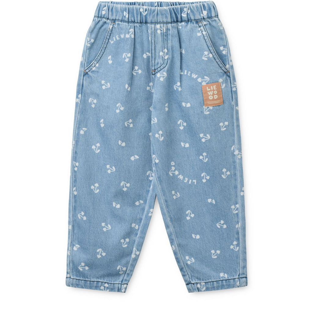 Relaxed Cherry Heart Print Cotton Denim Pants with Pleated Front & Adjustable Elastic Waist for Kids School & Play