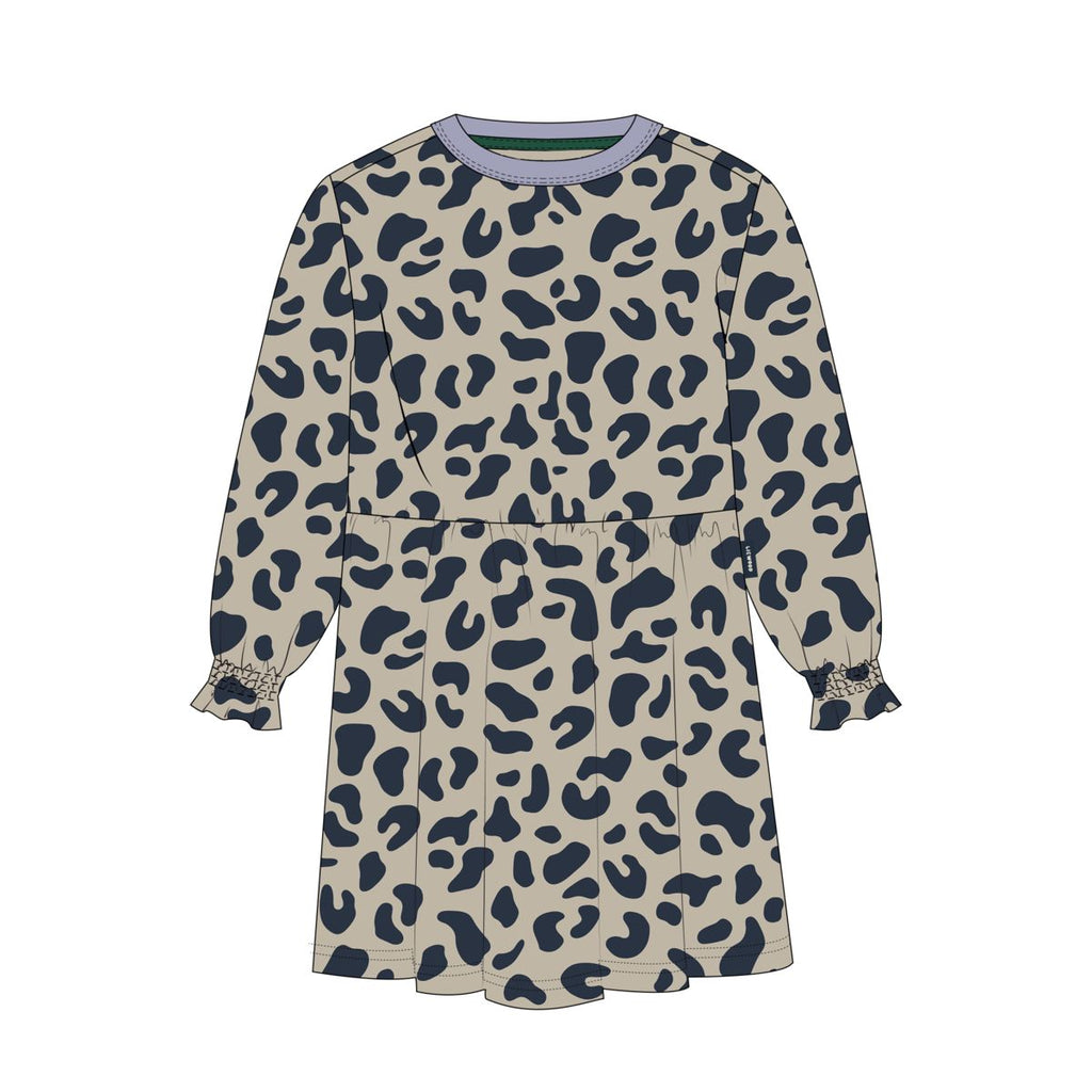 Mist Leo Print Organic Cotton Sweatshirt Dress with Elasticated Frill Cuffs for Girls School & Everyday Wear