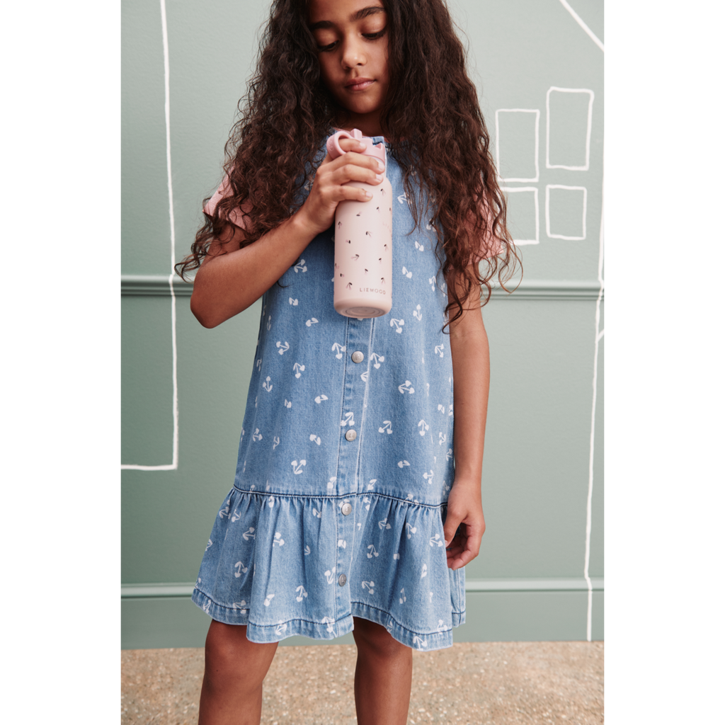 Sandy Cherry Heart Print Cotton Denim Sleeveless Dress with Gathered Frill Hem for Girls Summer & Festive Occasions