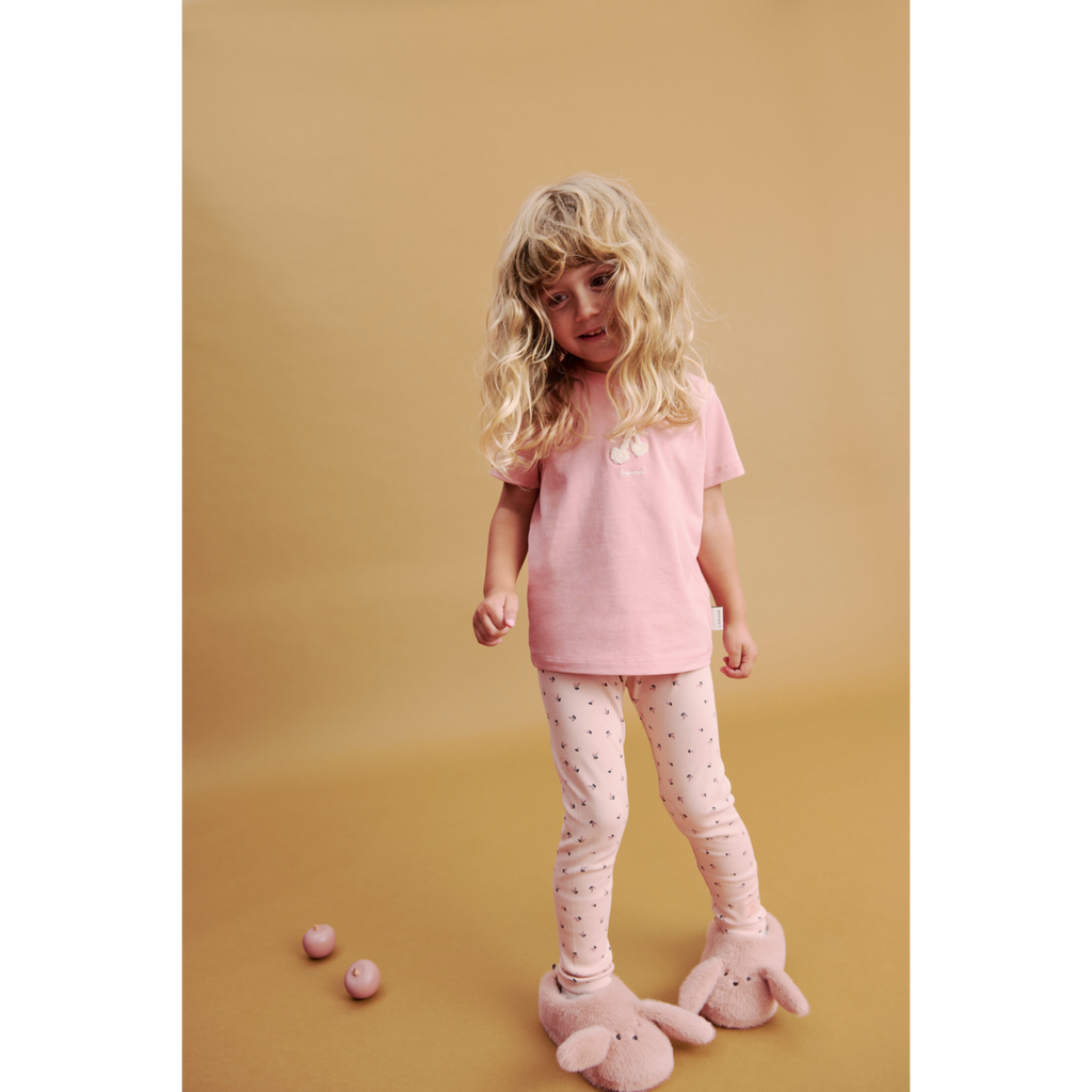 Rosey Mini Cherry Heart Print Organic Cotton Rib Leggings with Elasticated Waist for Kids Nursery & School