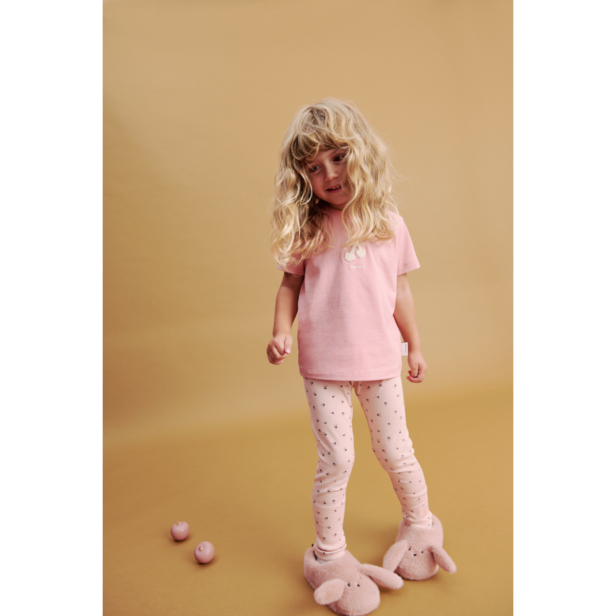 Rosey Mini Cherry Heart Print Organic Cotton Rib Leggings with Elasticated Waist for Kids Nursery & School