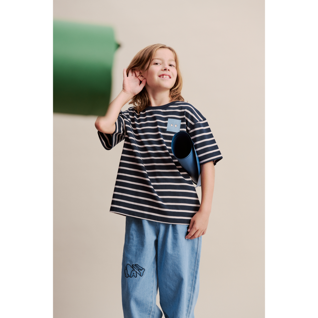 Navy & Sandy Breton Stripe Organic Cotton T-Shirt with Boxy Fit & Dropped Shoulders for Kids Layering & Everyday Wear