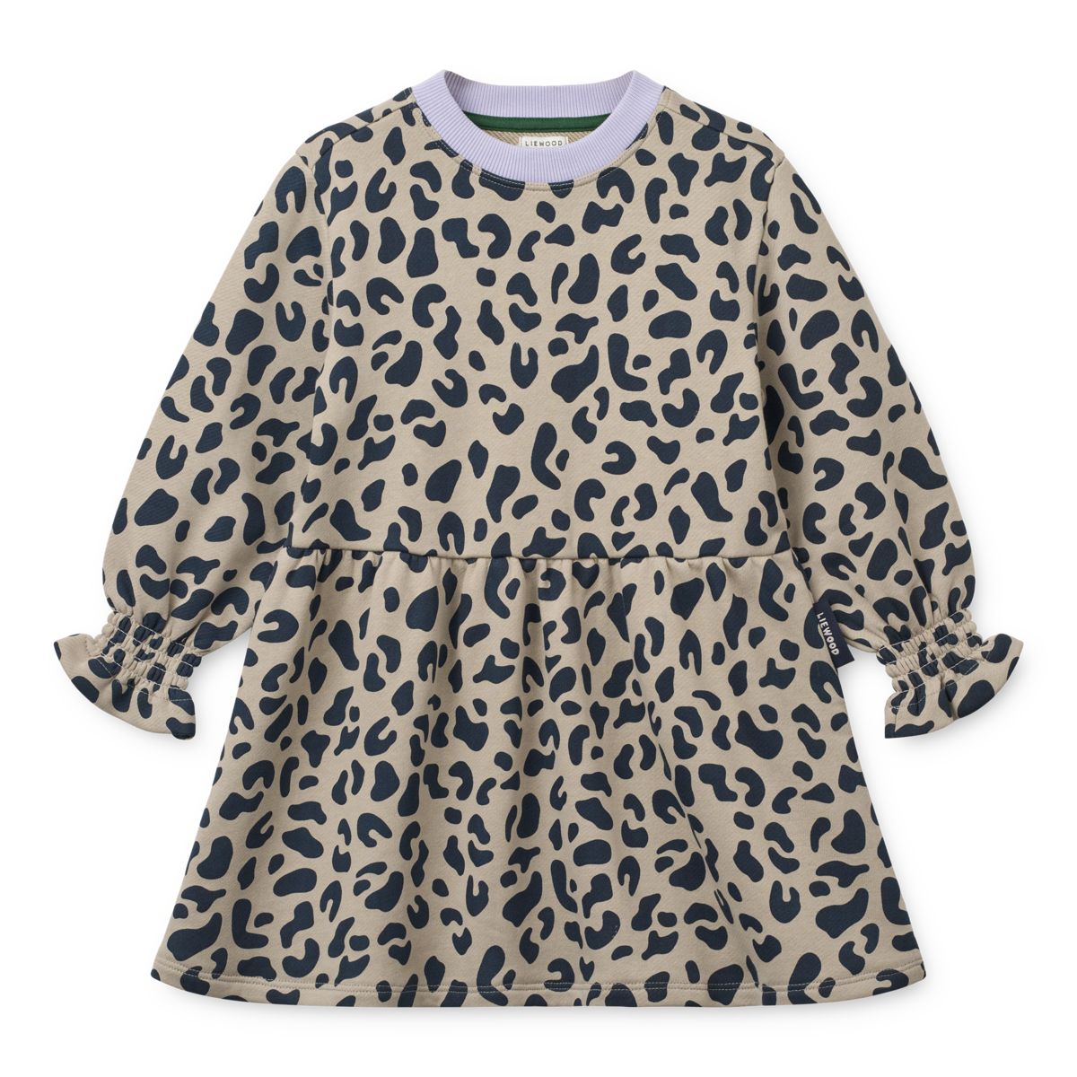 Mist Leo Print Organic Cotton Sweatshirt Dress with Elasticated Frill Cuffs for Girls School & Everyday Wear