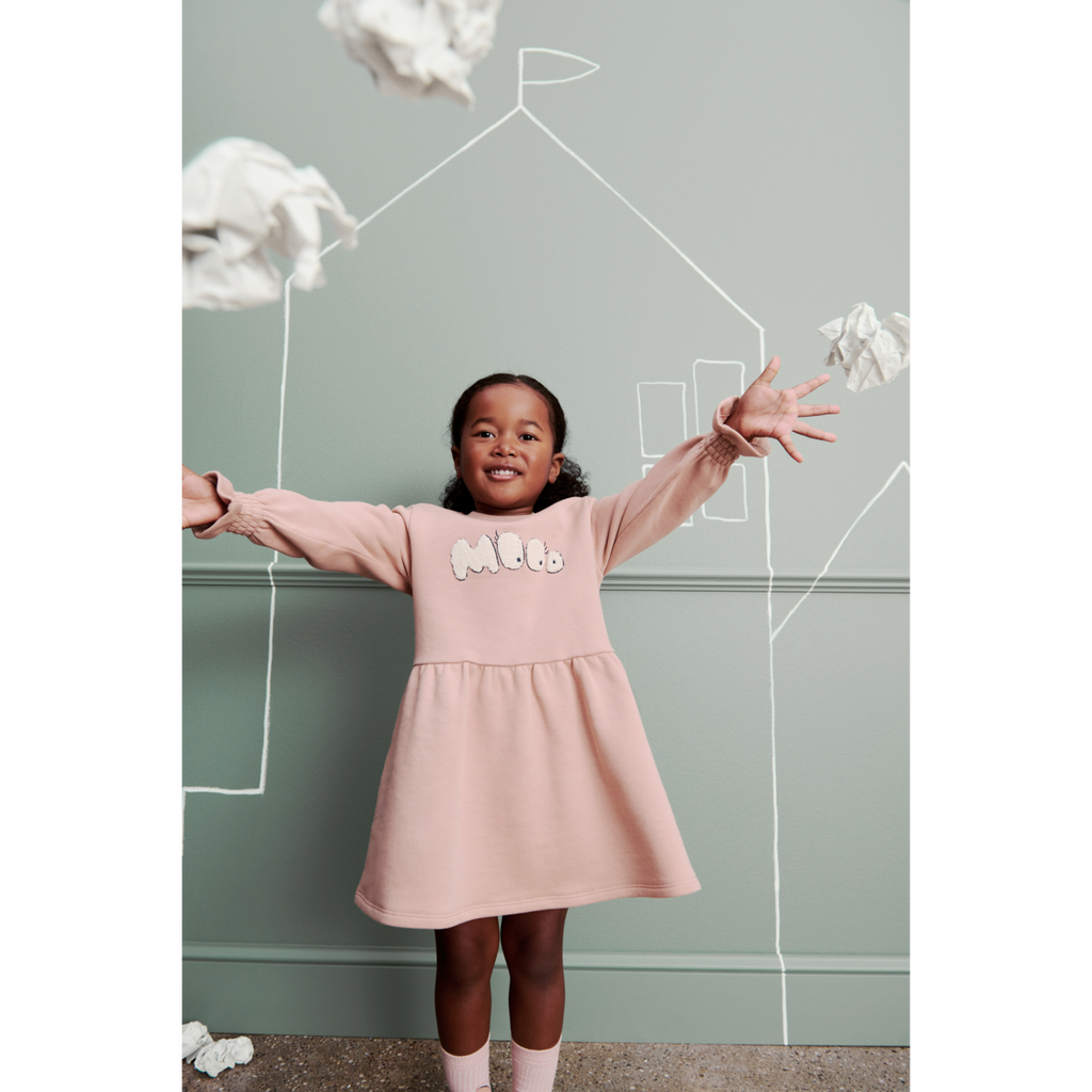 Pale Tuscany Mood Print Organic Cotton Sweatshirt Dress with Elasticated Frill Cuffs for Girls School & Everyday Wear