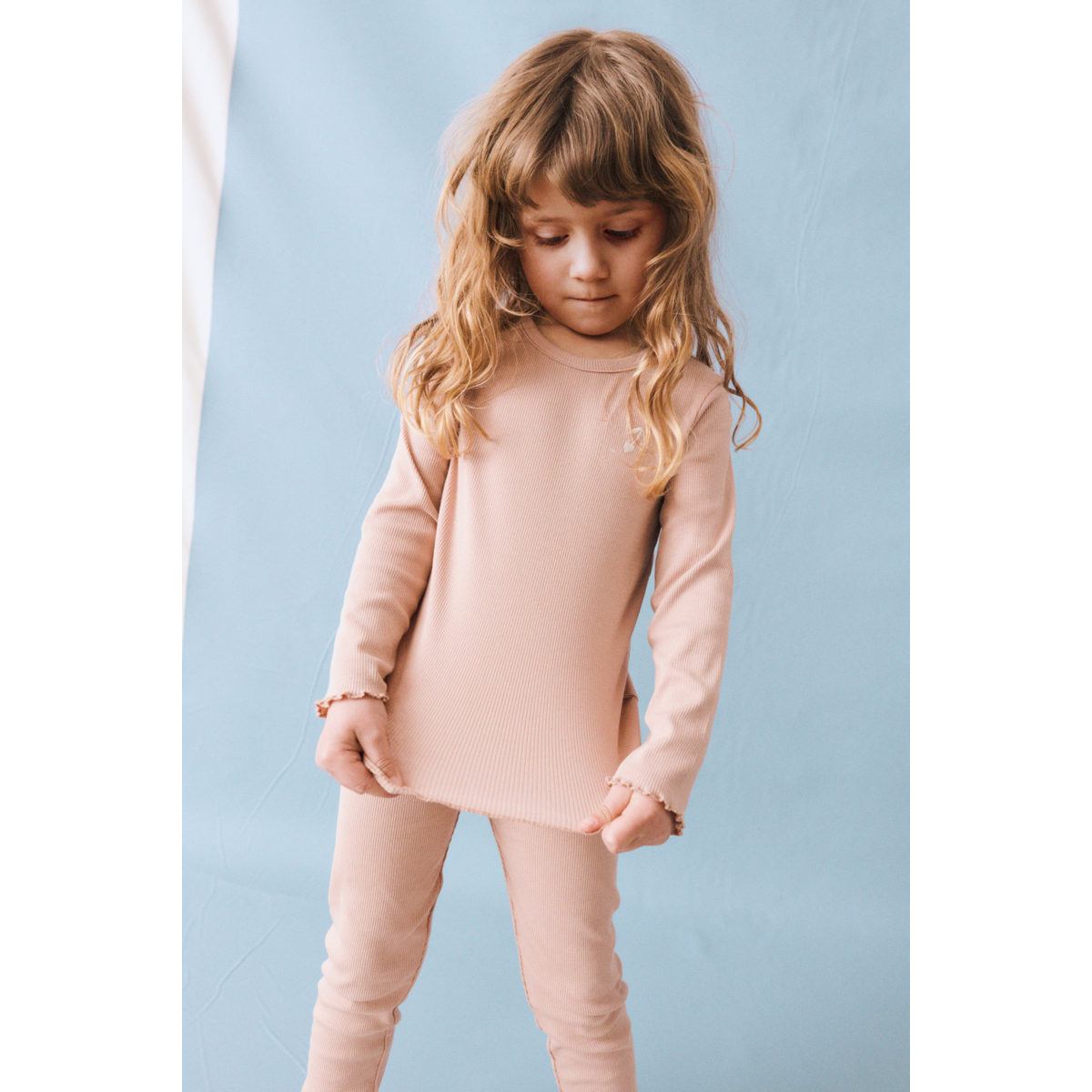 Soft Tuscany Organic Cotton Rib Long-Sleeve Top with Ruffle Sleeve Detail for Girls Layering & Everyday Wear