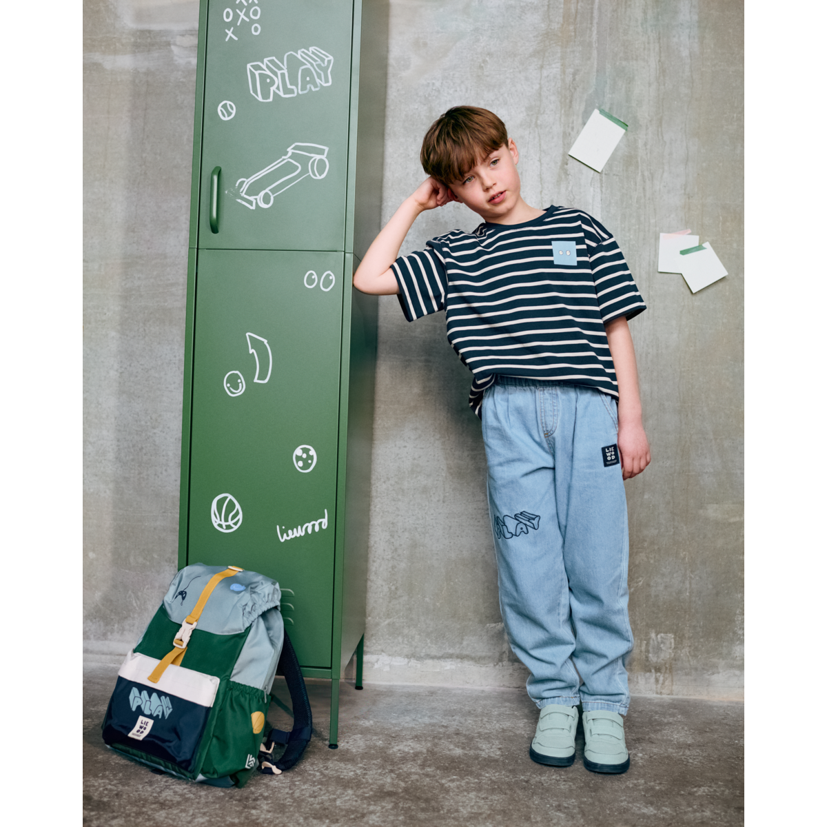 Navy & Sandy Breton Stripe Organic Cotton T-Shirt with Boxy Fit & Dropped Shoulders for Kids Layering & Everyday Wear