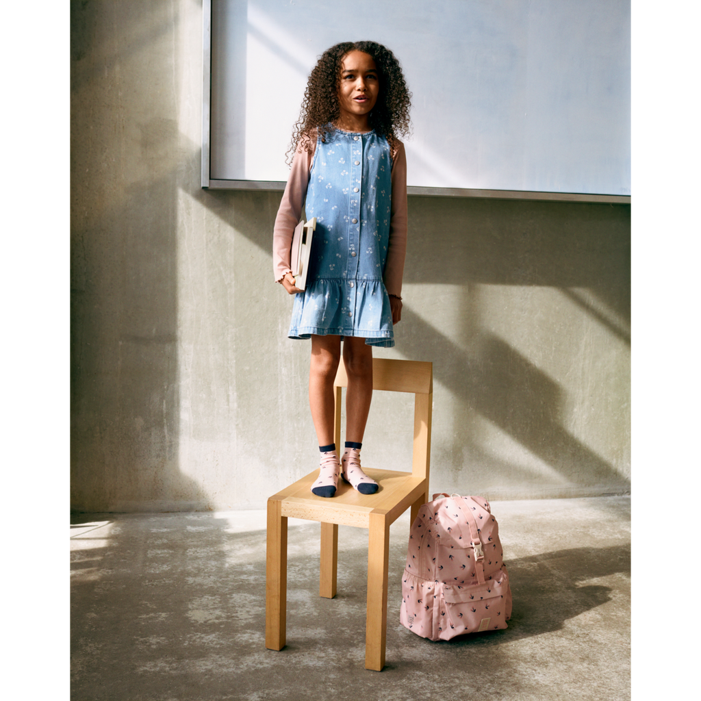 Sandy Cherry Heart Print Cotton Denim Sleeveless Dress with Gathered Frill Hem for Girls Summer & Festive Occasions