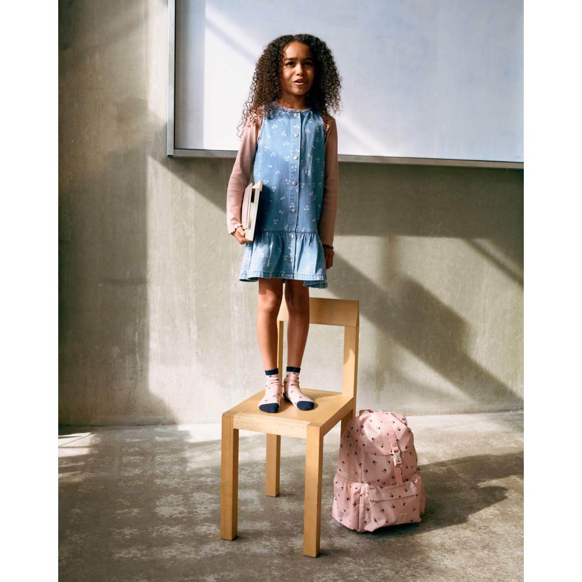 Sandy Cherry Heart Print Cotton Denim Sleeveless Dress with Gathered Frill Hem for Girls Summer & Festive Occasions