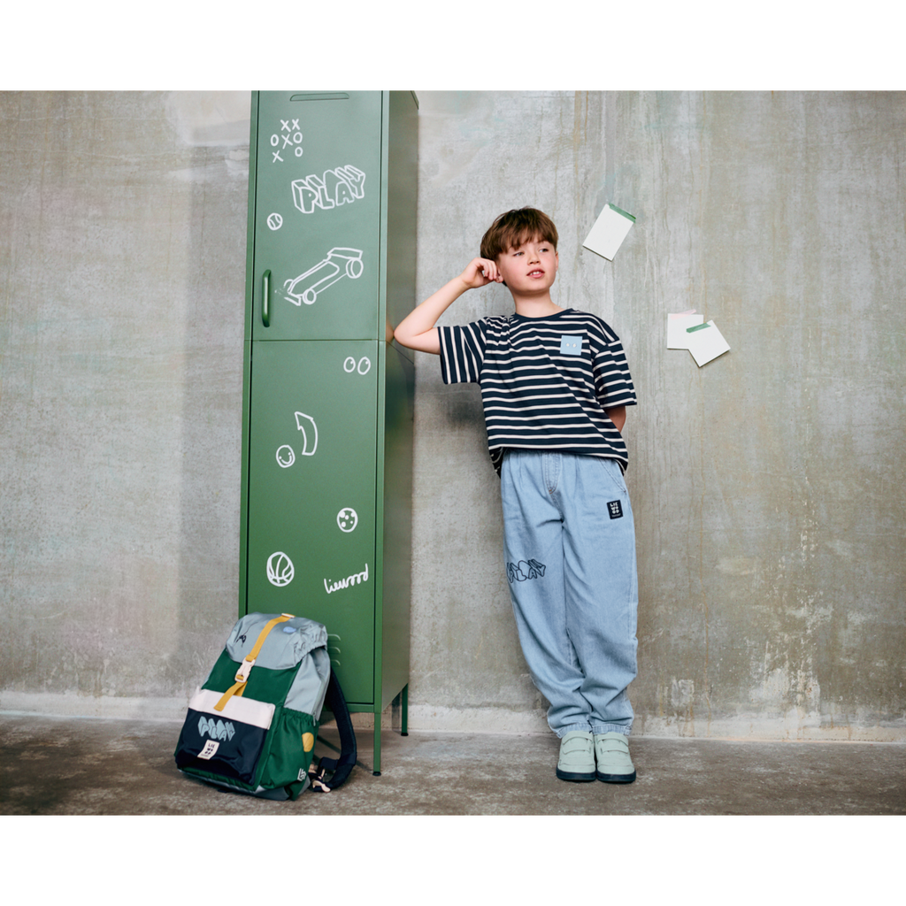 Navy & Sandy Breton Stripe Organic Cotton T-Shirt with Boxy Fit & Dropped Shoulders for Kids Layering & Everyday Wear