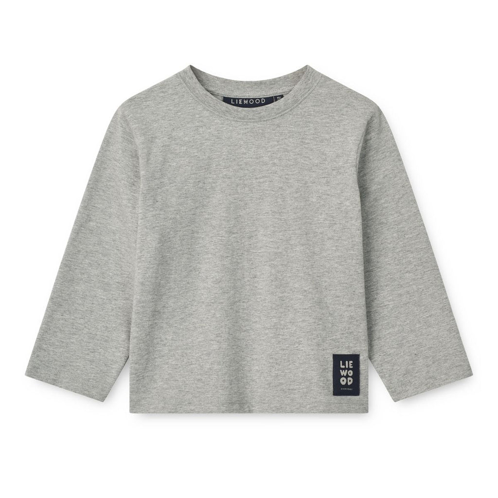 Grey Melange Organic Cotton Long-Sleeve T-Shirt with Relaxed Loose Fit & Ribbed Crew Neck for Kids Layering & Everyday Wear