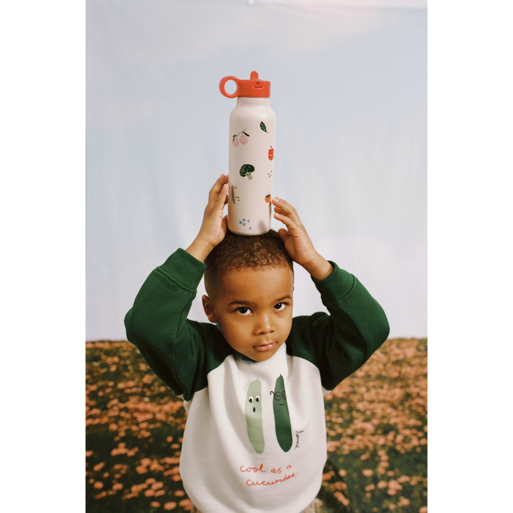 Sandy Vegetable Print Organic Cotton Oversized Sweatshirt with Terry Embroidery & Raglan Sleeves for Kids School & Play
