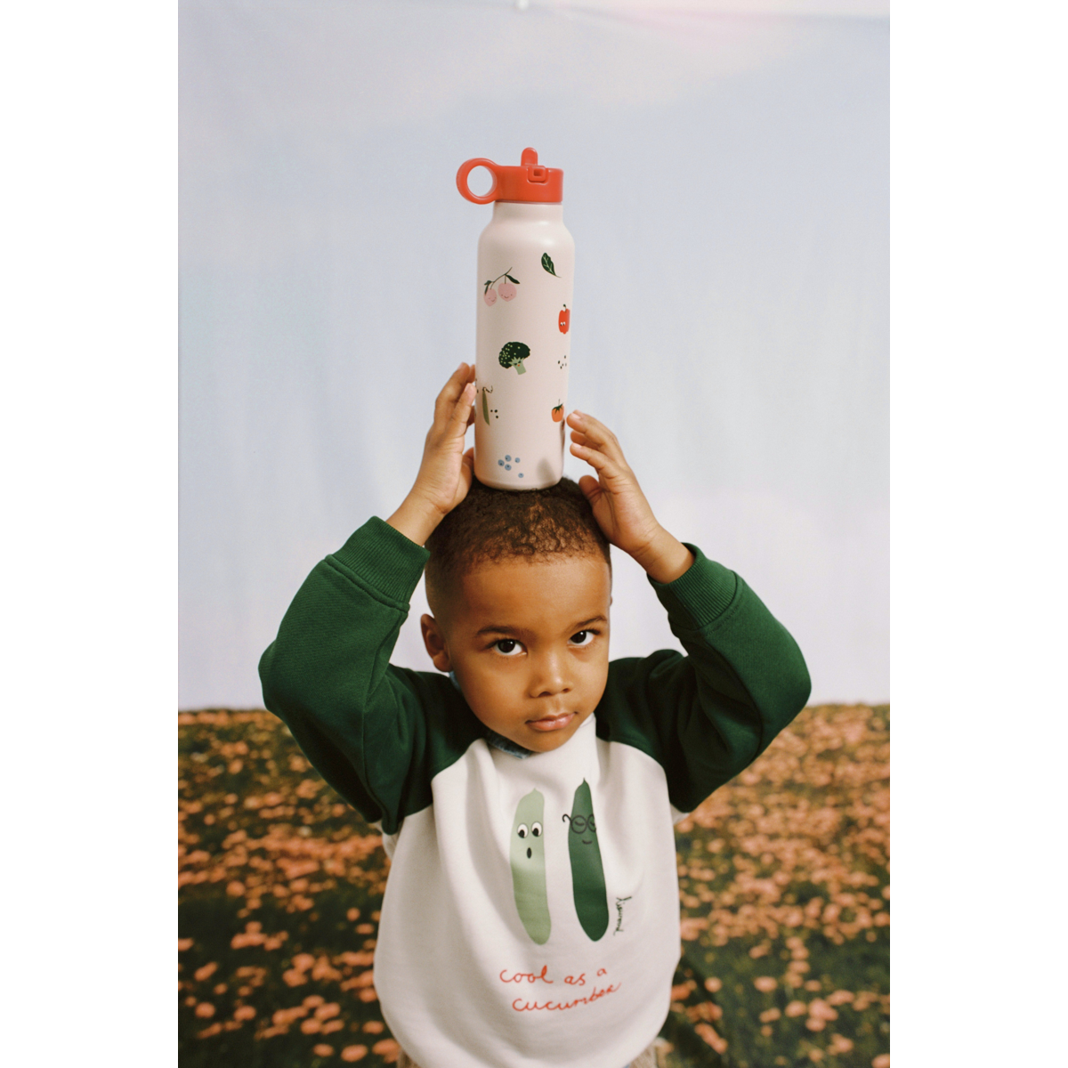 Sandy Vegetable Print Organic Cotton Oversized Sweatshirt with Terry Embroidery & Raglan Sleeves for Kids School & Play