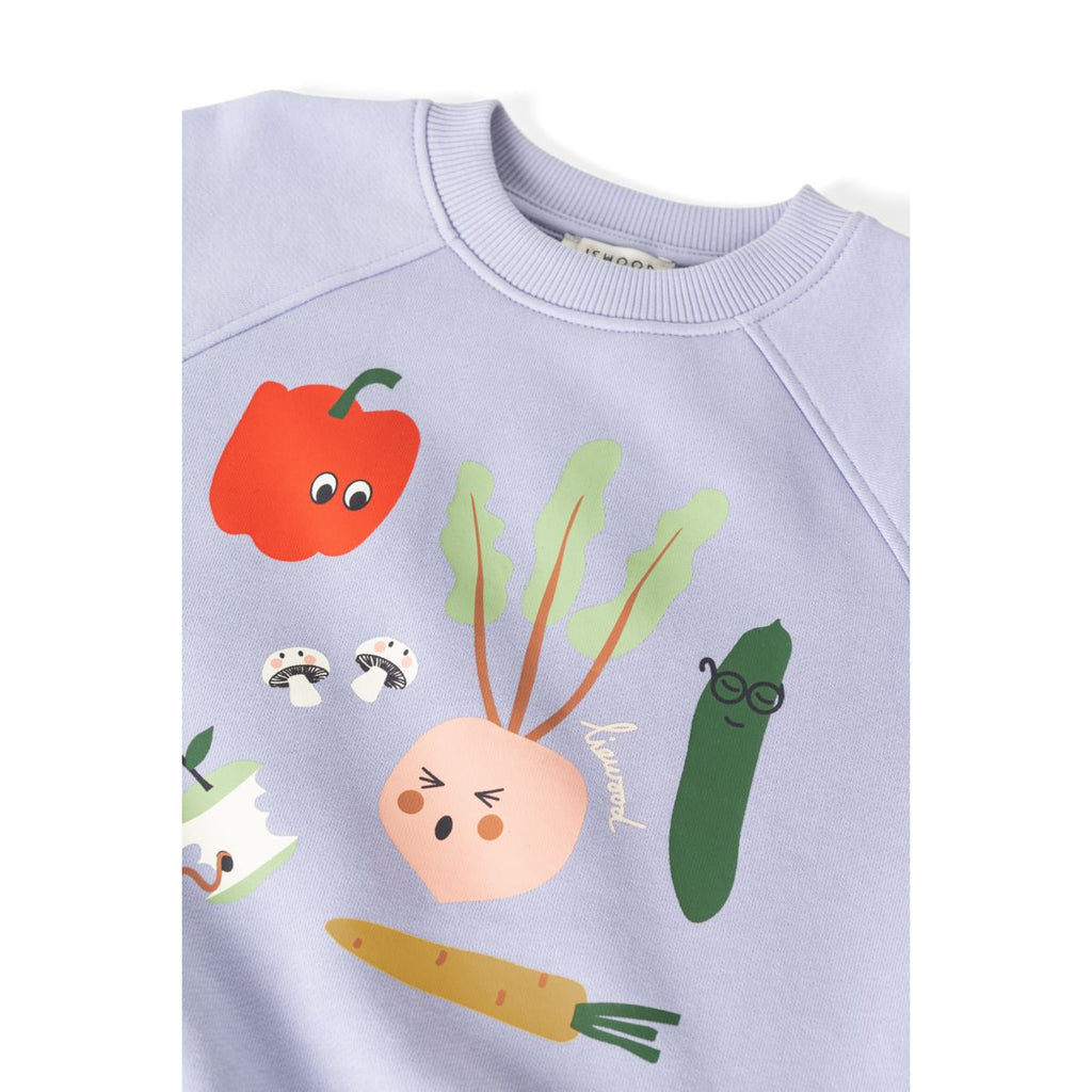 Warm Lilac Vegetable Print Organic Cotton Oversized Sweatshirt with Terry Embroidery & Raglan Sleeves for Kids School & Play